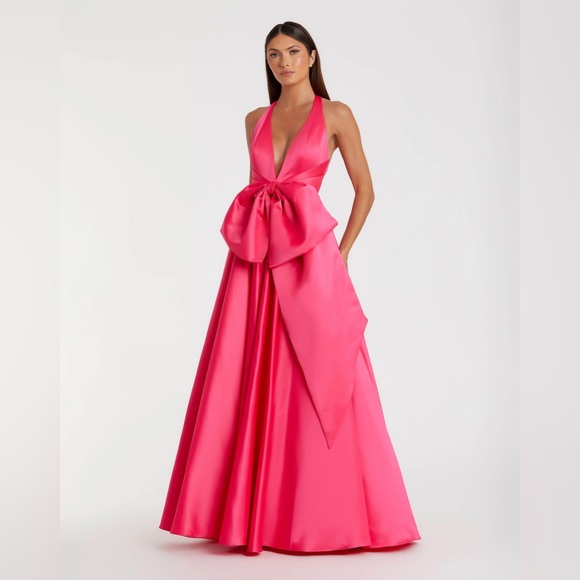 Mac Duggal Dresses & Skirts - Mac Duggal Hot Pink Satin Plunge-Neck Maxi Gown with Bow